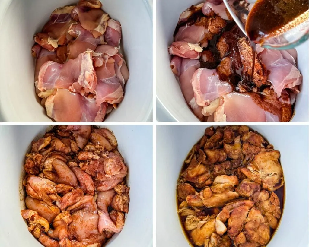collage of 4 photos with raw chicken thighs in a white Crockpot slow cooker