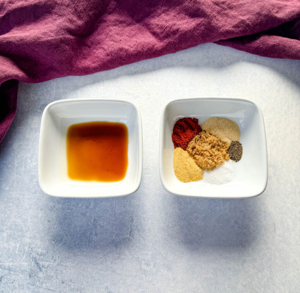 worcestershire sauce and spices in separate white bowls