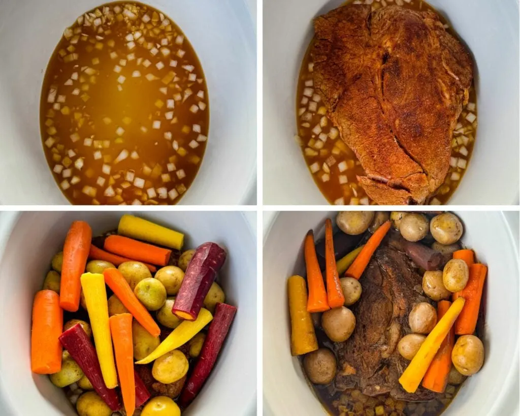 collage of 4 photos with broth, vegetables, and beef pot roast in a Crockpot slow cooker