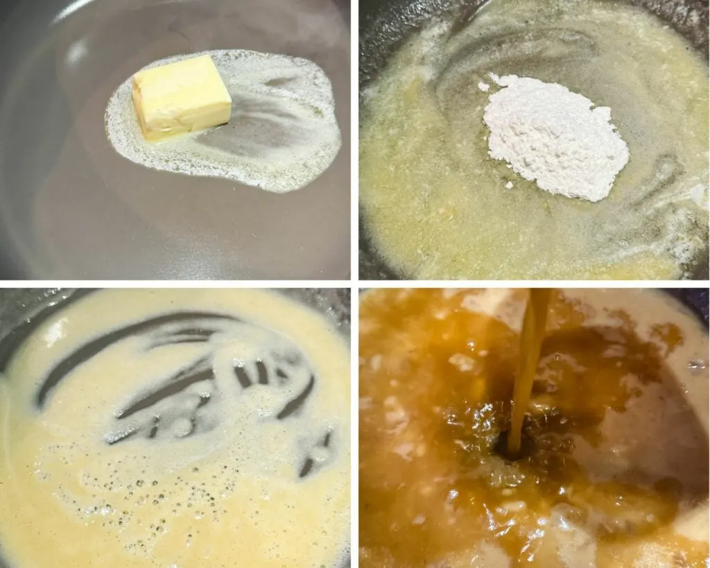 collage of 4 photos with butter, flour, and broth to make homemade gravy
