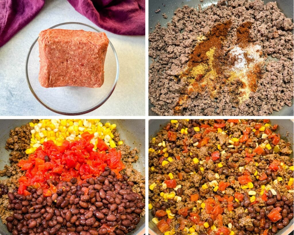 a collage with 4 photos with ground beef cooked in a skillet with homemade taco seasoning