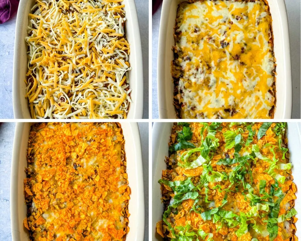 a collage of 4 photos with layered taco bake casserole in a ceramic baking dish