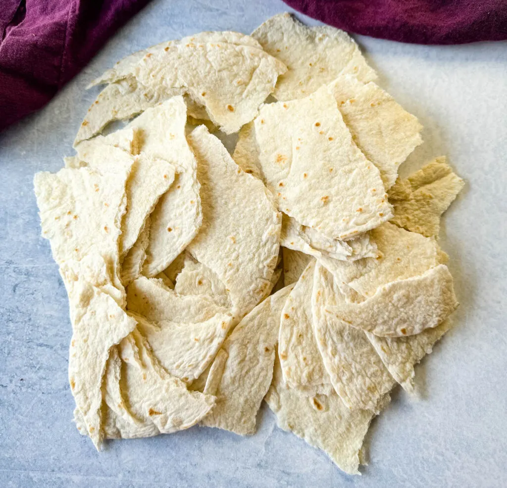 torn pieces of flour tortillas on a flat surface