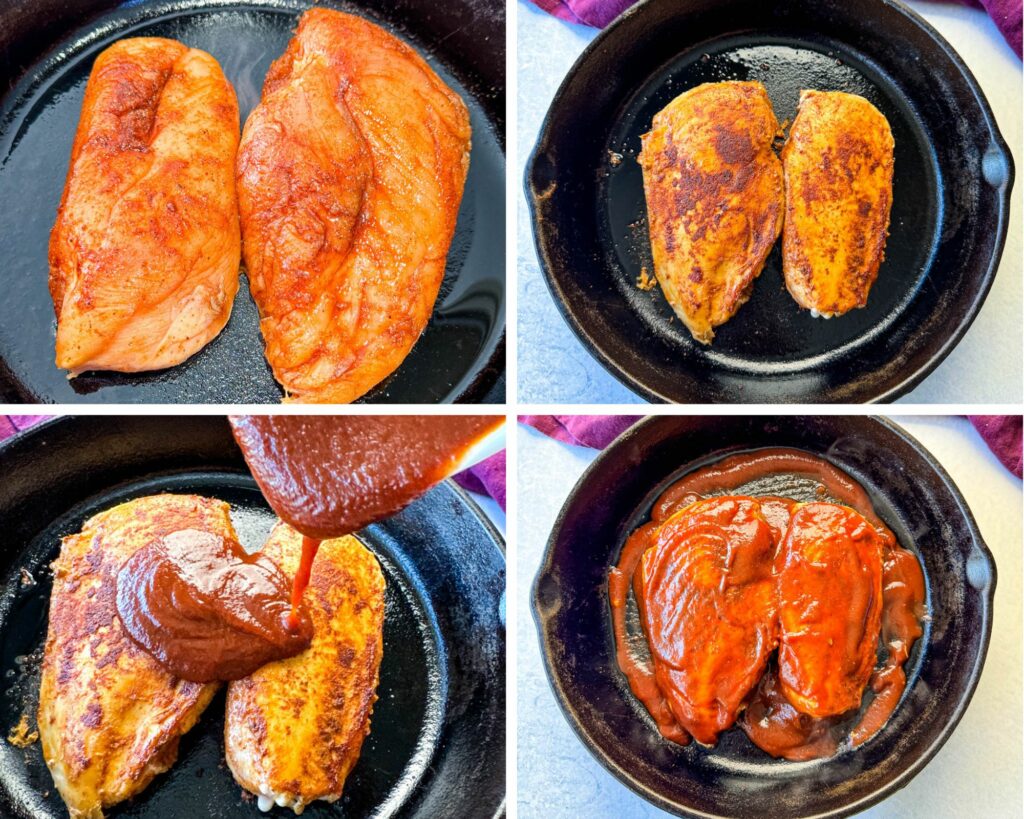 collage of 4 photos with 2 chicken breasts in a cast iron skillet drizzled with bbq sauce 