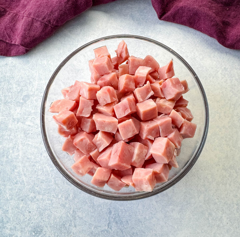 diced ham in a glass bowl