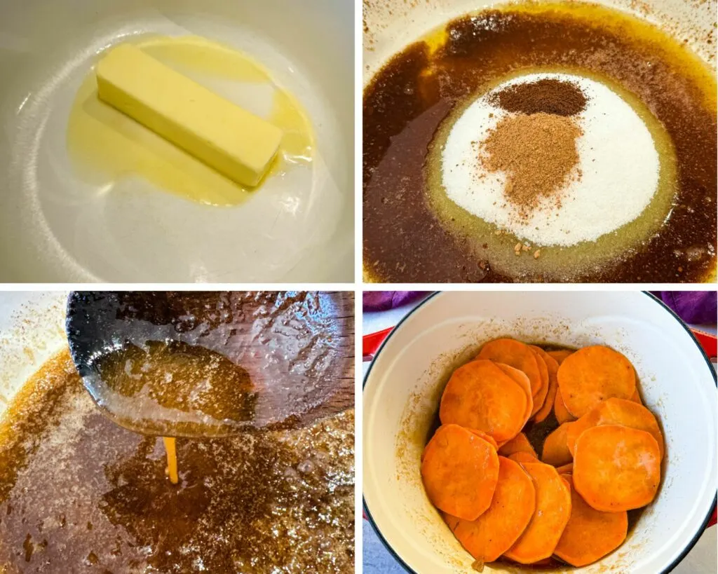 collage of 4 photos with melted butter, sugar, cinnamon, and nutmeg in a Dutch oven