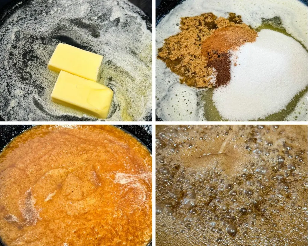 collage of 4 photos with melted butter, sugar, and carmelized glaze in a cast iron skilelt
