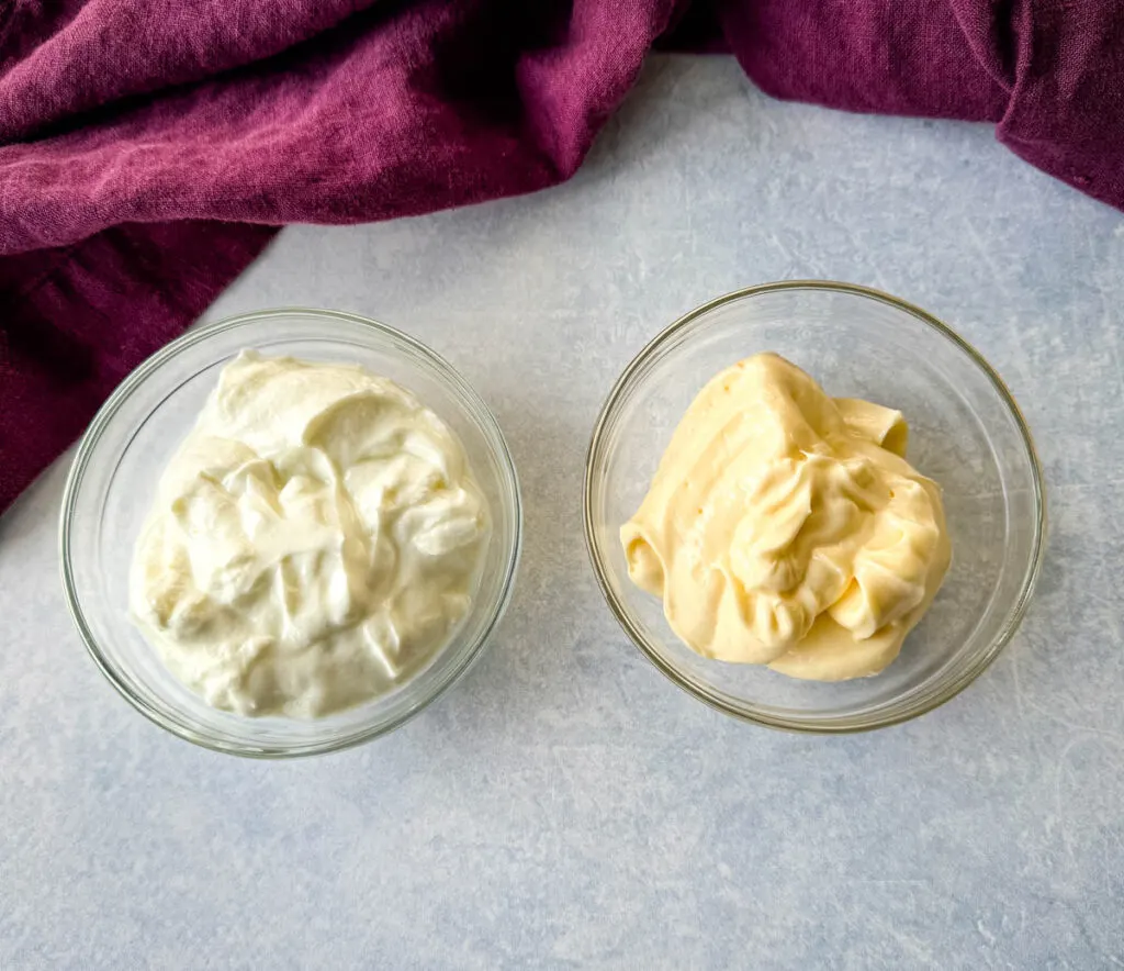 mayo and plain Greek yogurt in separate glass bowls