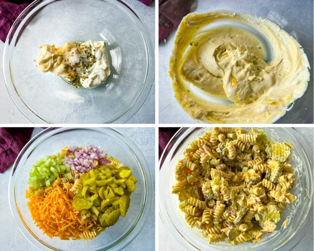 a collage of 4 photos with mayo, cheese, celery, pickles, and pasta in a glass bowl