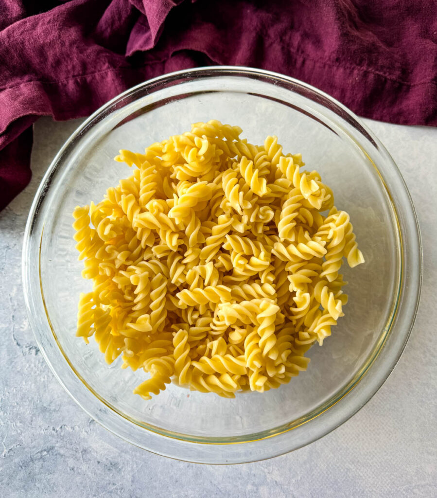 rotini pasta in a glass bowl