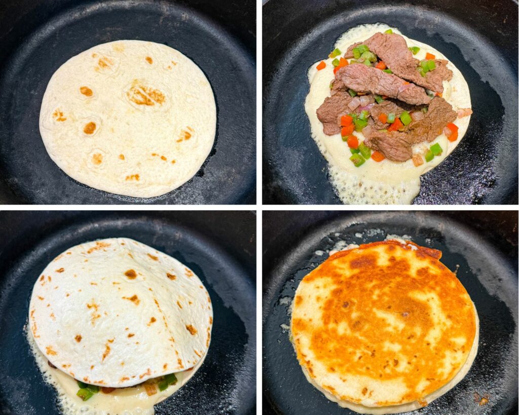 collage of 4 photos with a Philly cheesesteak quesadilla cooked in a cast iron skillet