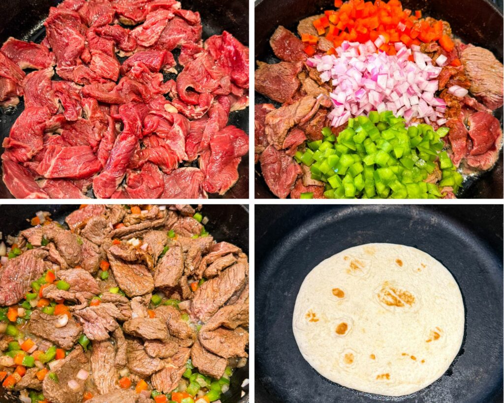 collage of 4 photos with cooked steak, bell peppers, and onions in a cast iron skillet