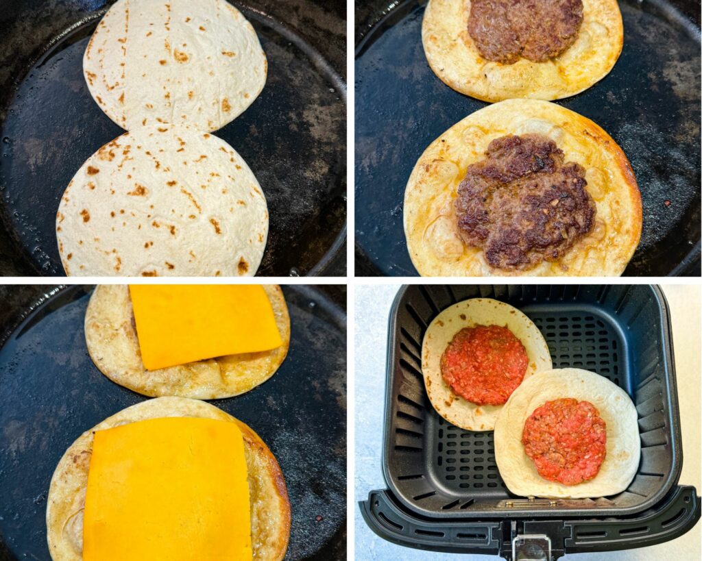 collage of 4 photos with ground beef on a tortilla with cheese in a cast iron skillet