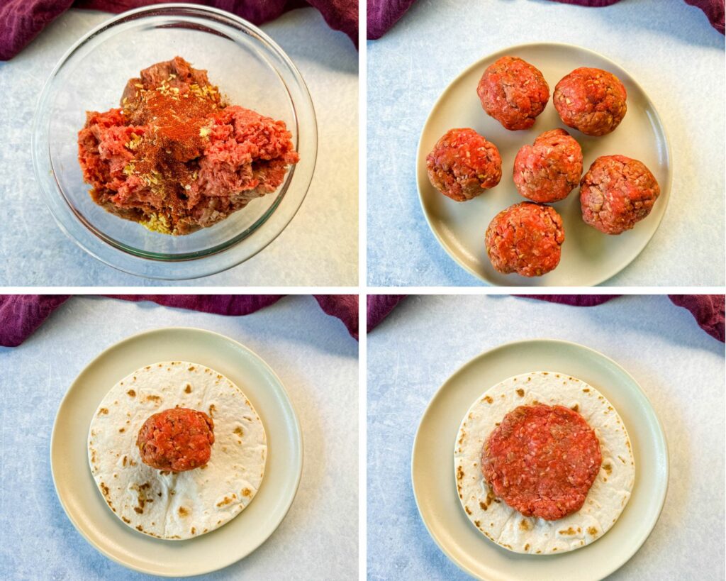 collage of 4 photos with raw, seasoned ground beef formed into balls and then patties over a tortilla