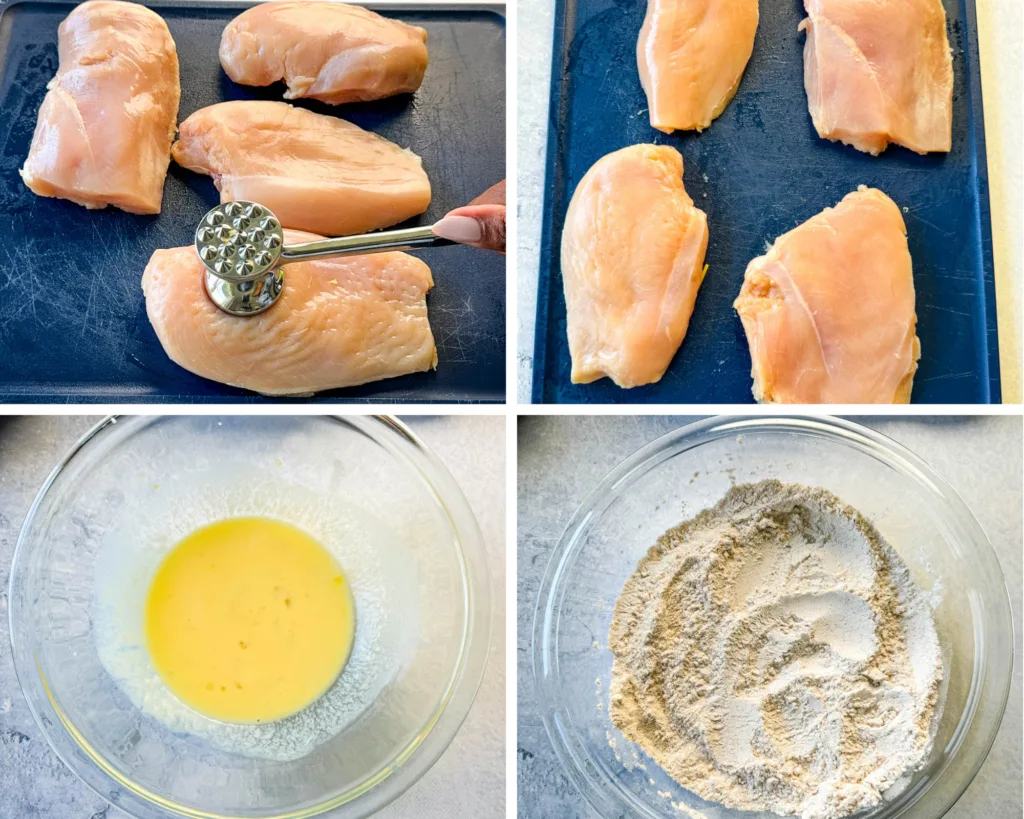 a collage of 4 photos without pounded raw chicken, buttermilk, and seasoned flour in separate glass bowls
