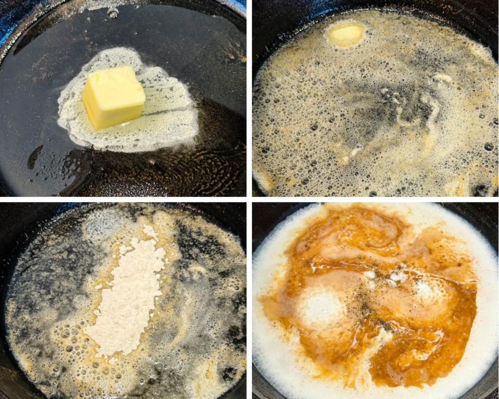 collage of 4 photos with melted butter and flour with half and half in a cast iron skillet