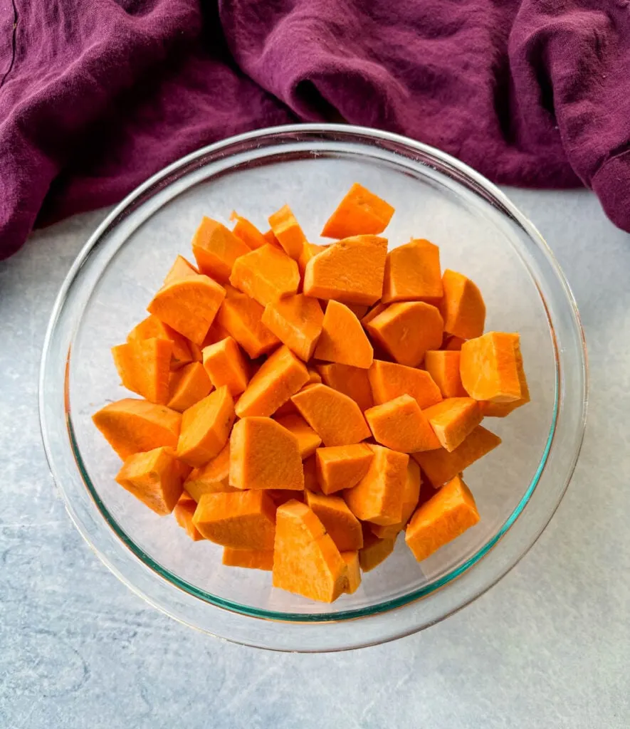 diced sweet potatoes in a glass bowl
