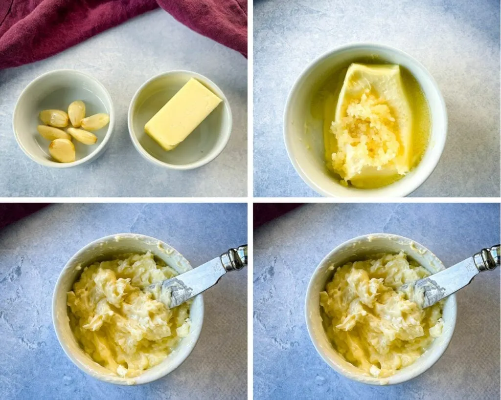 collage of 4 photos with garlic butter in a white bowl