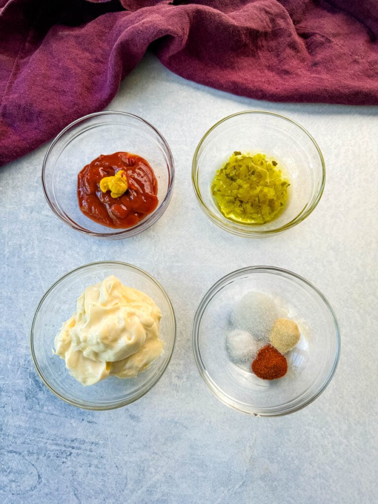 collage of 4 photos with ketchup, mustard, pickle relish, mayo, and spices in separate glass bowls