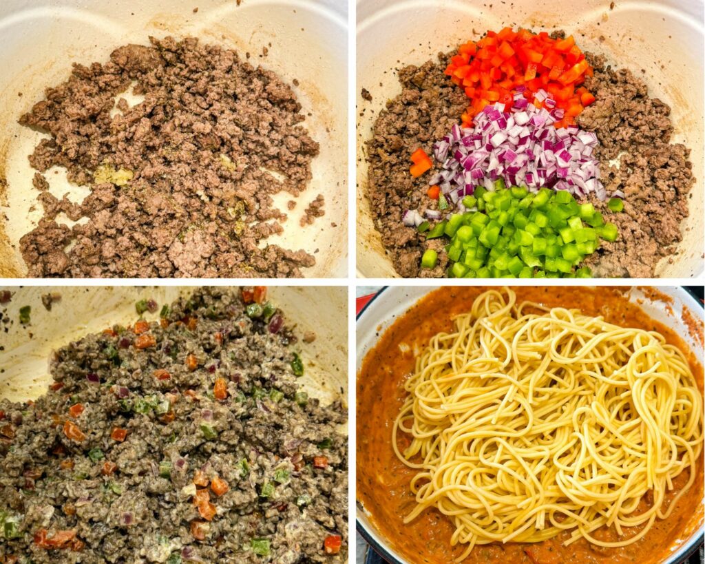 collage of 4 photos with ground beef marinara, and pasta cooked in a Dutch oven