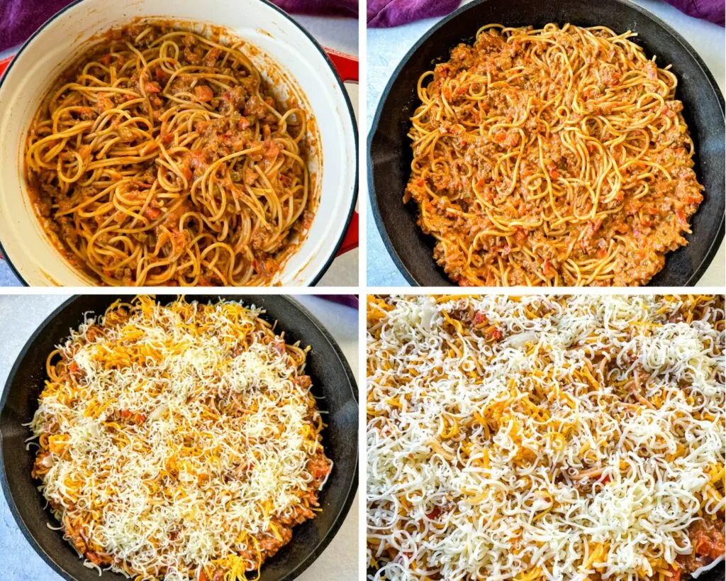 million dollar spaghetti in a pan with grated cheese