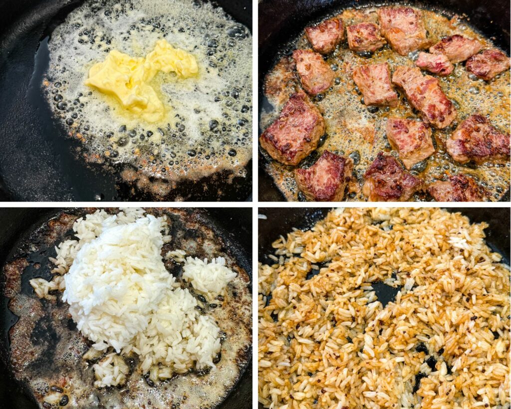 a collage of 4 photos with melted butter, seared steak, and rice in a cast iron skillet