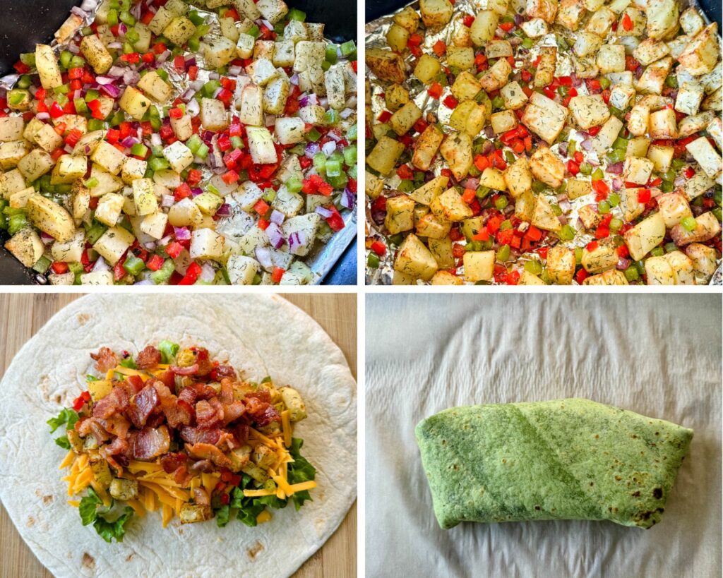 diced potatoes and bell peppers in an air fryer; wrapped breakfast burrito in a tortilla