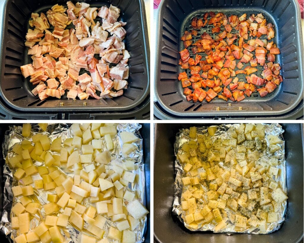 cooked bacon in an air fryer and diced potatoes and bell peppers in an air fryer;