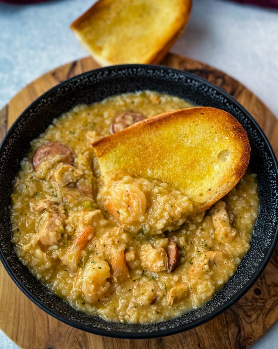 Cajun jambalaya soup in a black bowl with a piece of French bread