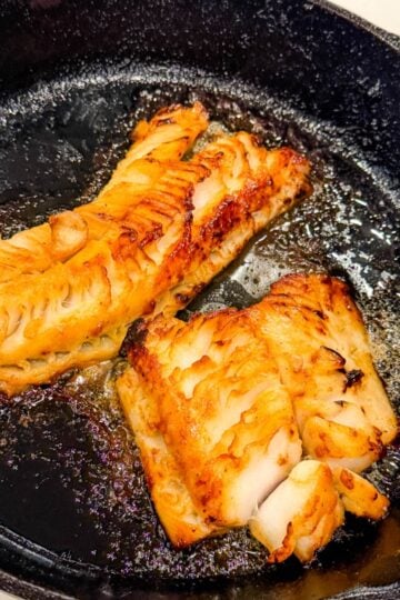 nobu miso black cod in a cast iron skillet