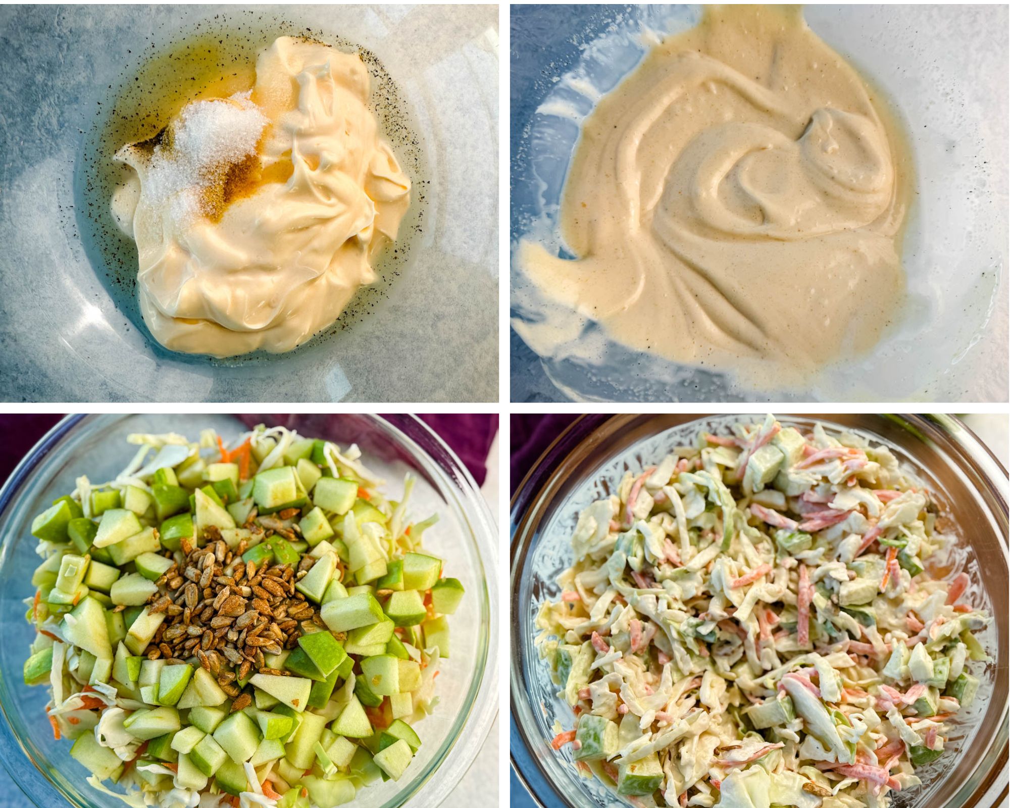 Four-photo collage showing steps to make creamy apple coleslaw: mayo, vinegar, sugar, and seasoning in a bowl; whisked dressing; coleslaw mix with diced apples and sunflower seeds; and finished coleslaw fully mixed.
