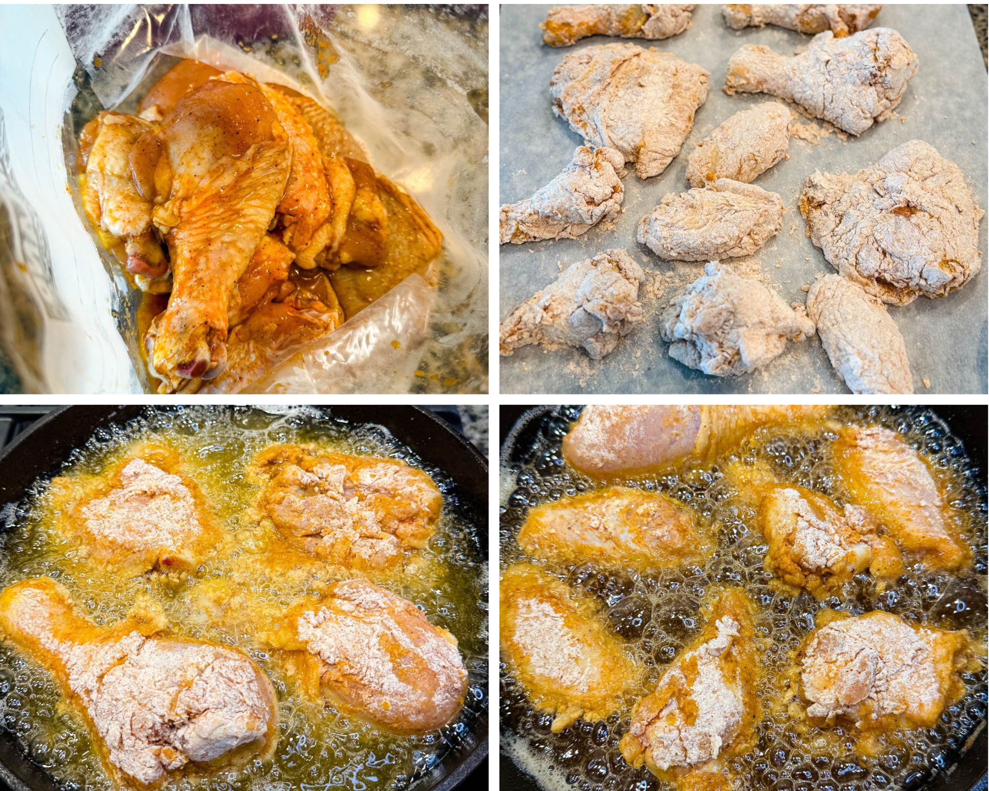 Top left: Seasoned chicken marinating in a zip-top bag. Top right: Breaded raw chicken pieces resting on parchment paper. Bottom left & right: Chicken pieces frying in hot oil in a cast iron skillet, bubbling as they cook to golden brown.