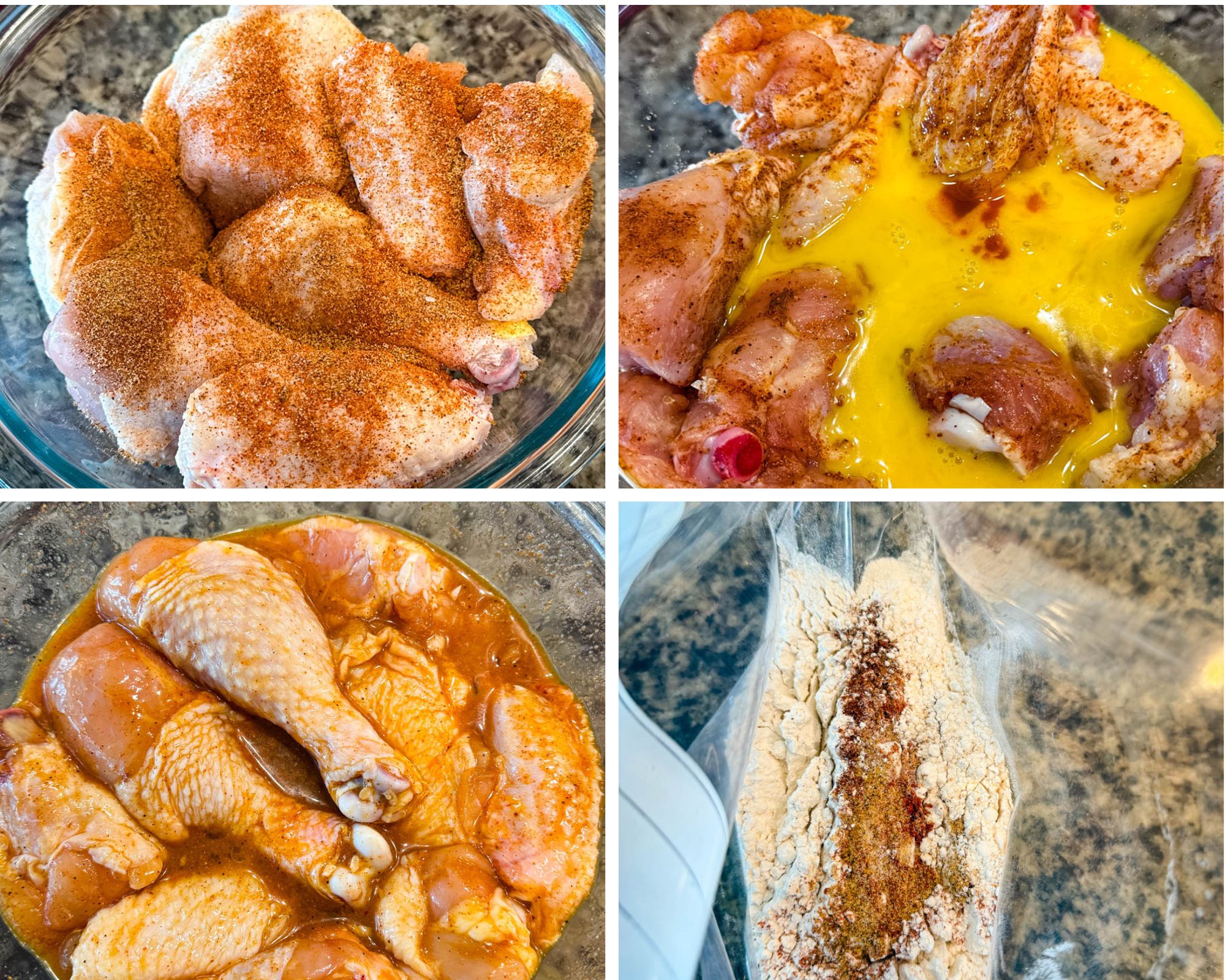 Top left: Raw chicken pieces sprinkled generously with seasoning in a bowl. Top right: Chicken being mixed with beaten egg and hot sauce. Bottom left: Chicken soaking in the marinade. Bottom right: Flour and spices in a zip-top bag, ready for dredging
