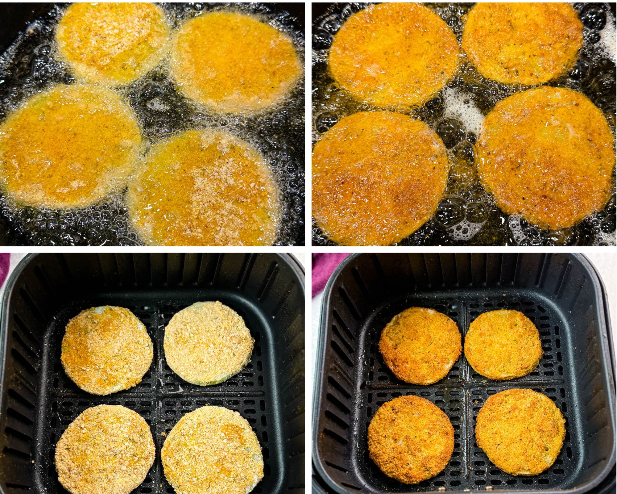 Side-by-side comparison of fried green tomatoes in hot oil and in an air fryer basket, showing the difference in crisping methods and texture.