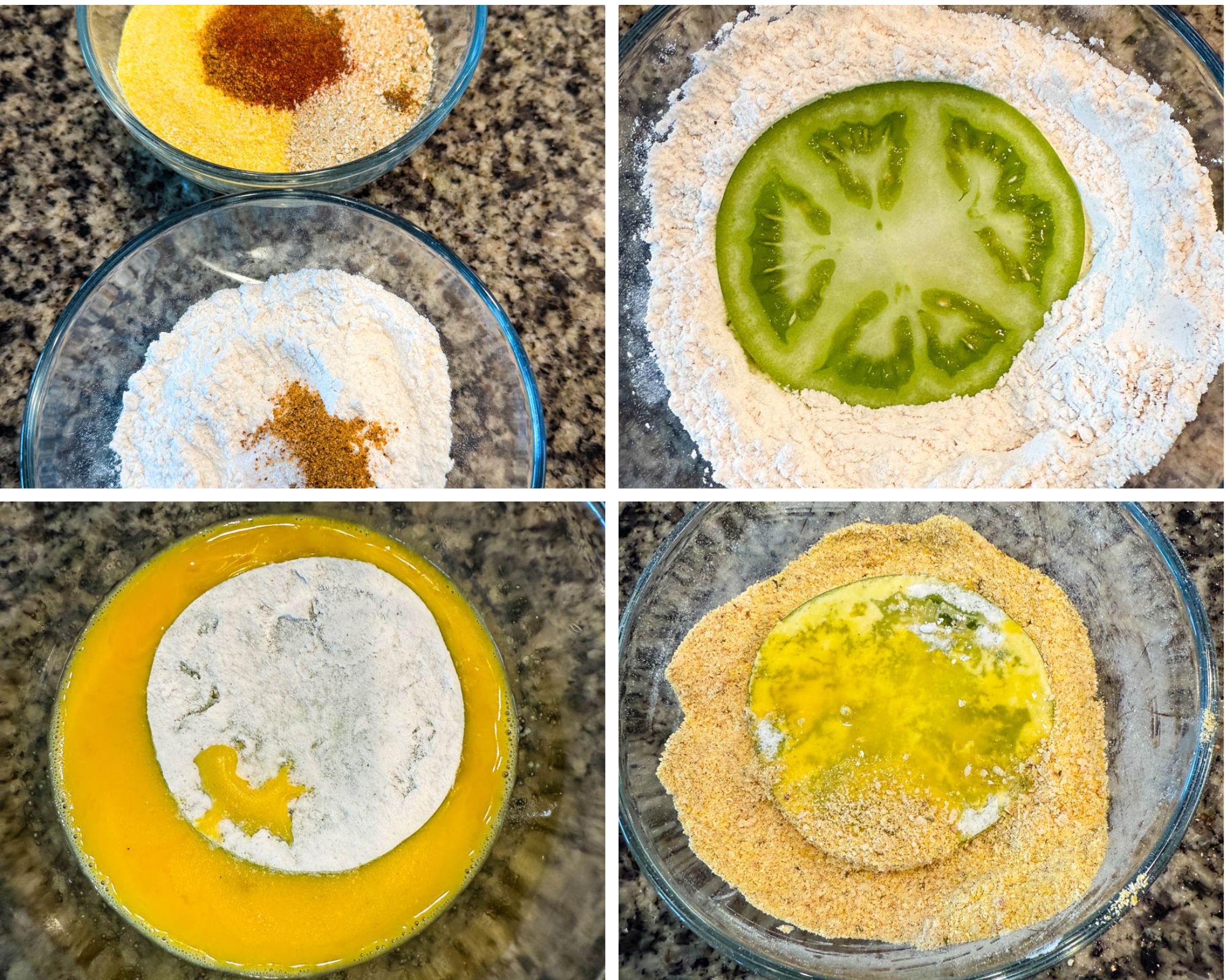 Four-step collage showing how to bread green tomatoes—dipping into flour, egg wash, and then cornmeal-breadcrumb mixture with spices.
