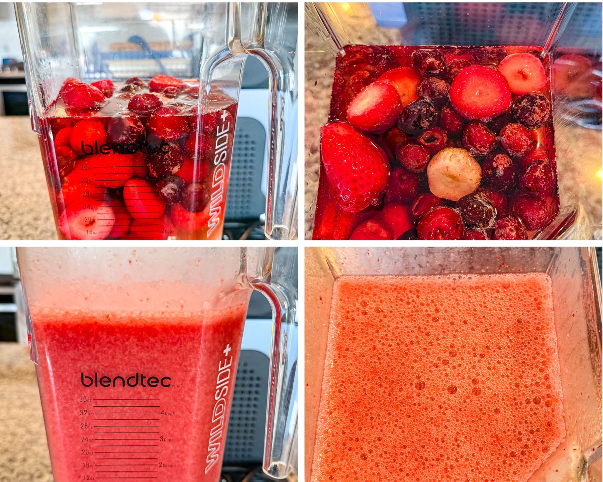 Step-by-step collage showing the Ninja Slushi Frosé process—beginning with frozen berries and rosé wine in a Blendtec blender, blending stages, and ending with a smooth, frothy frosé mixture.