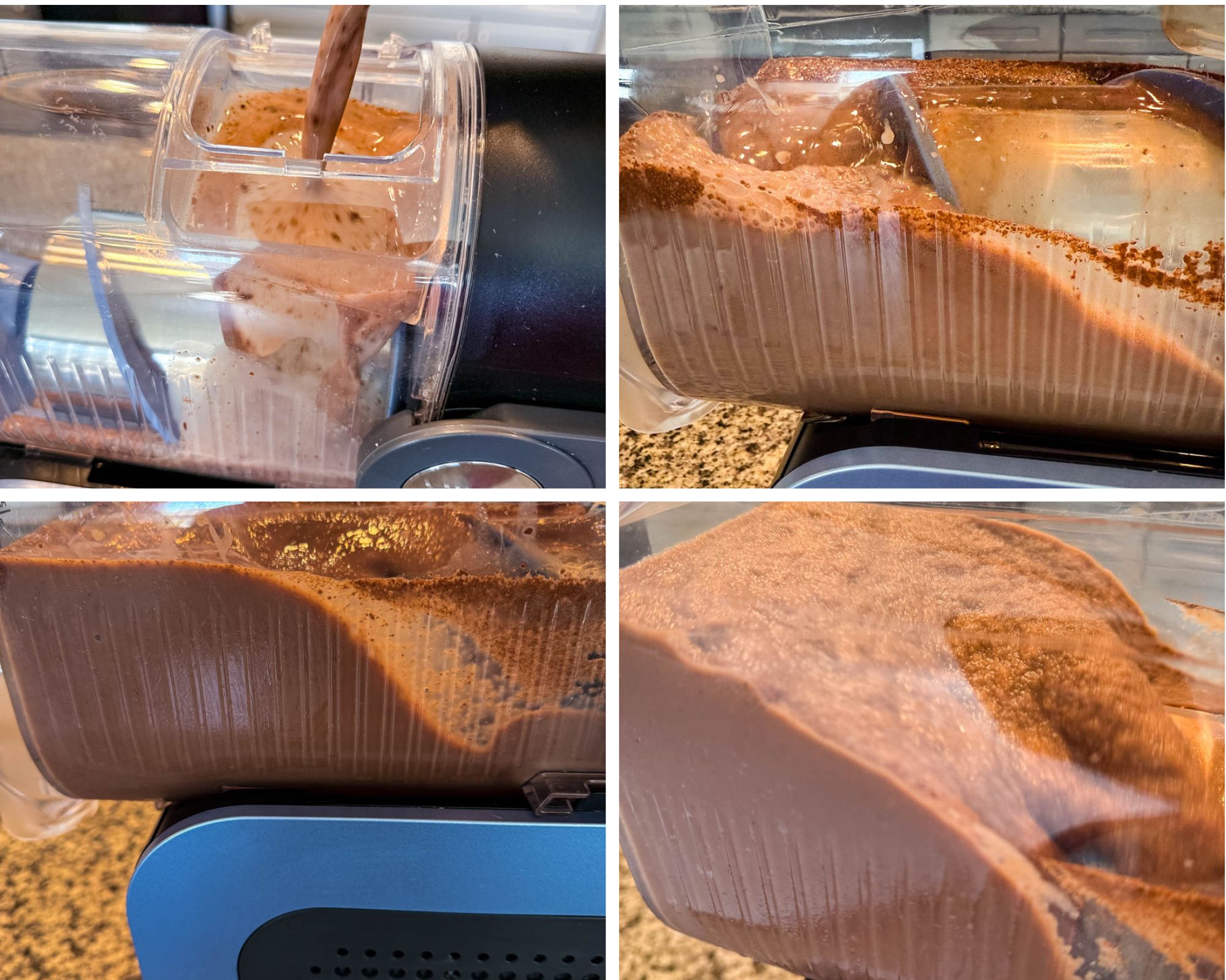 Four-panel collage showing the Ninja Slushi machine in action making a chocolate milkshake mixture, with thick chocolate liquid swirling and freezing inside the container.