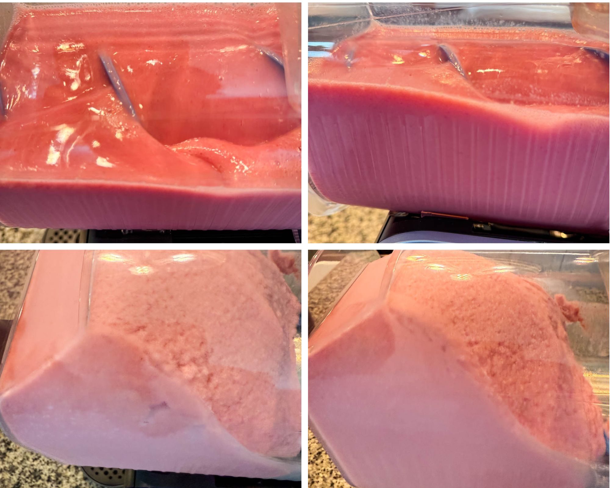 Top Left: A view inside the Ninja Slushi machine showing a thick pink strawberry milkshake mixture in a semi-frozen state with a metal mixing blade. Top Right: A close-up side view of the strawberry milkshake mixture before fully freezing, showing its smooth and liquid texture against the clear container walls. Bottom Left: The mixture has begun to freeze, becoming lighter and fluffier in texture, starting to form a slushy consistency. Bottom Right: A nearly frozen, fluffy pink milkshake mixture has formed a mound inside the Ninja Slushi machine, ready for dispensing.
