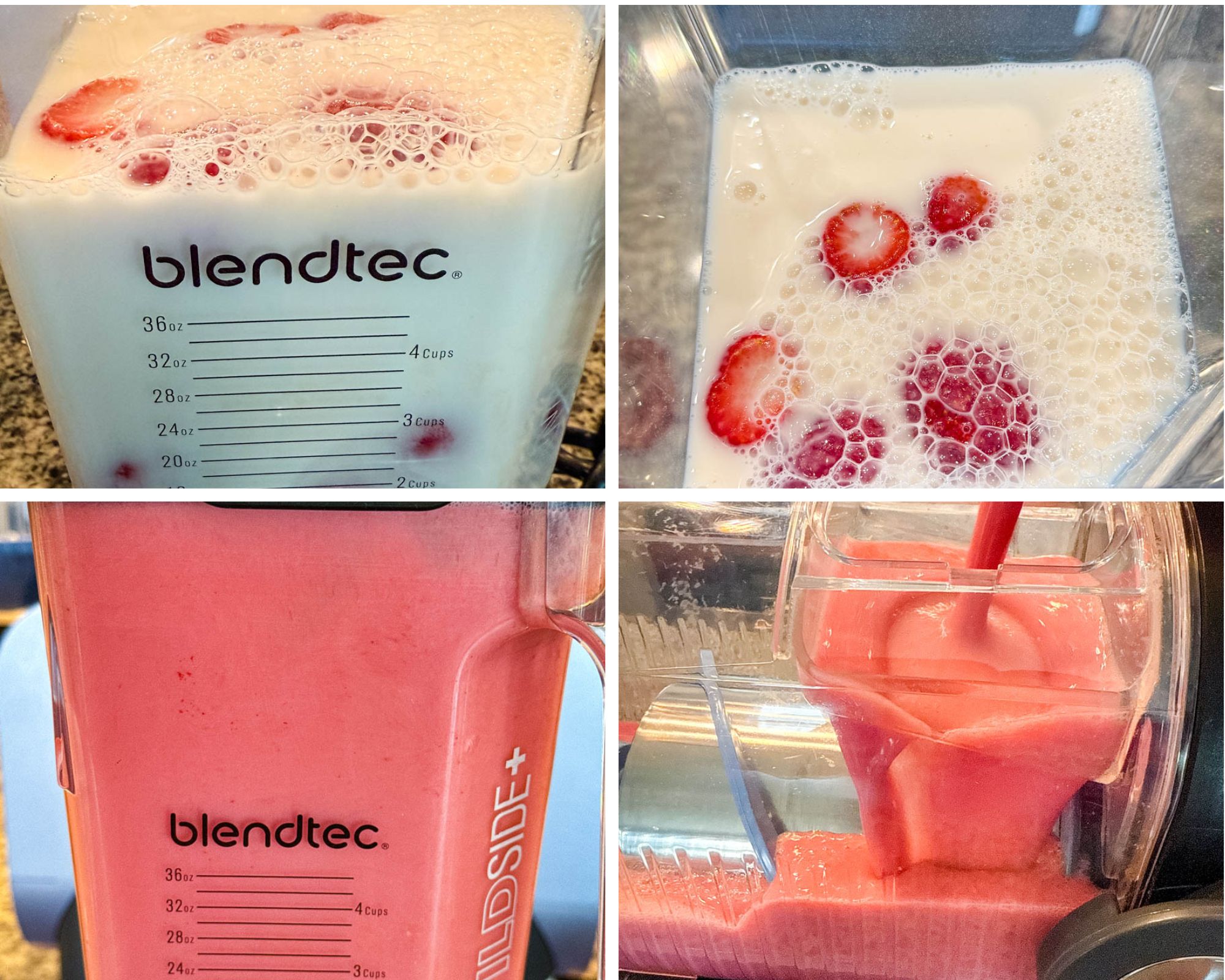 Top Left: A Blendtec blender filled with milk and whole strawberries, bubbles forming at the top of the liquid. Top Right: A close-up of strawberries floating in milk inside the blender pitcher, before blending. Bottom Left: The blended pink strawberry milkshake mixture in the Blendtec pitcher, completely smooth and creamy. Bottom Right: The frozen pink milkshake mixture being dispensed from the Ninja Slushi machine, pouring smoothly into the container.