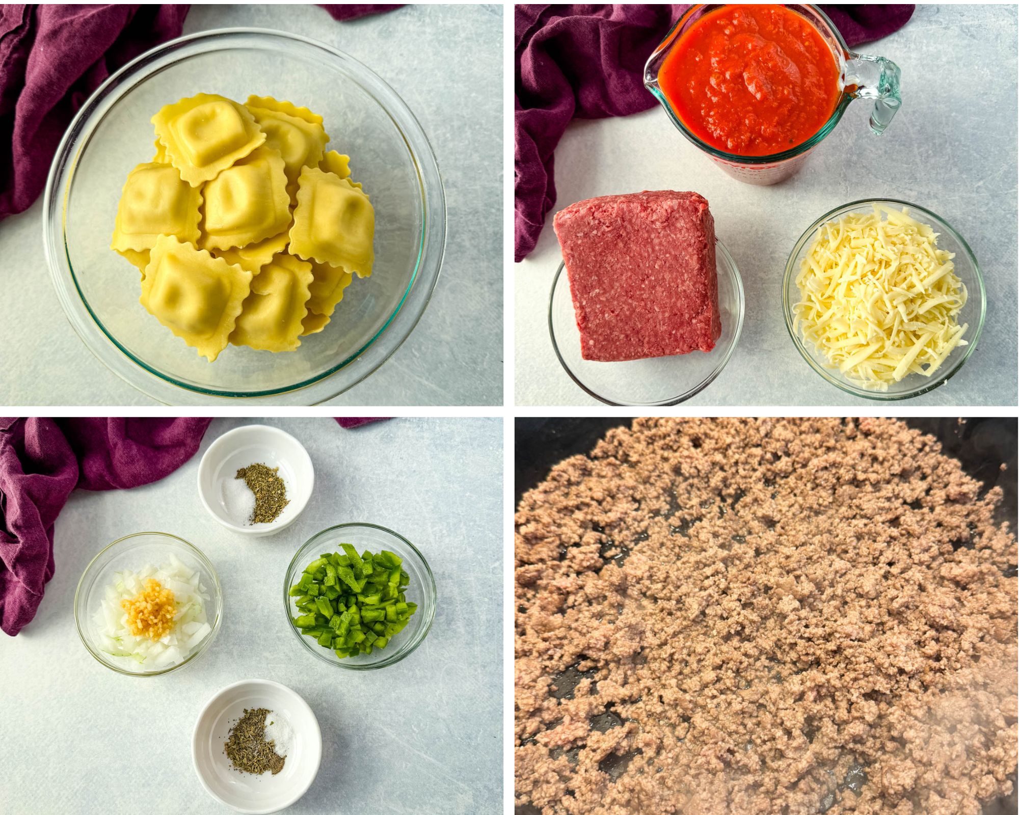 Step-by-step photo collage of a ravioli lasagna recipe. Top left shows uncooked cheese ravioli in a bowl. Top right displays ground beef, shredded cheese, and marinara sauce. Bottom left includes chopped onions, green peppers, and seasonings. Bottom right shows ground beef browning in a skillet.