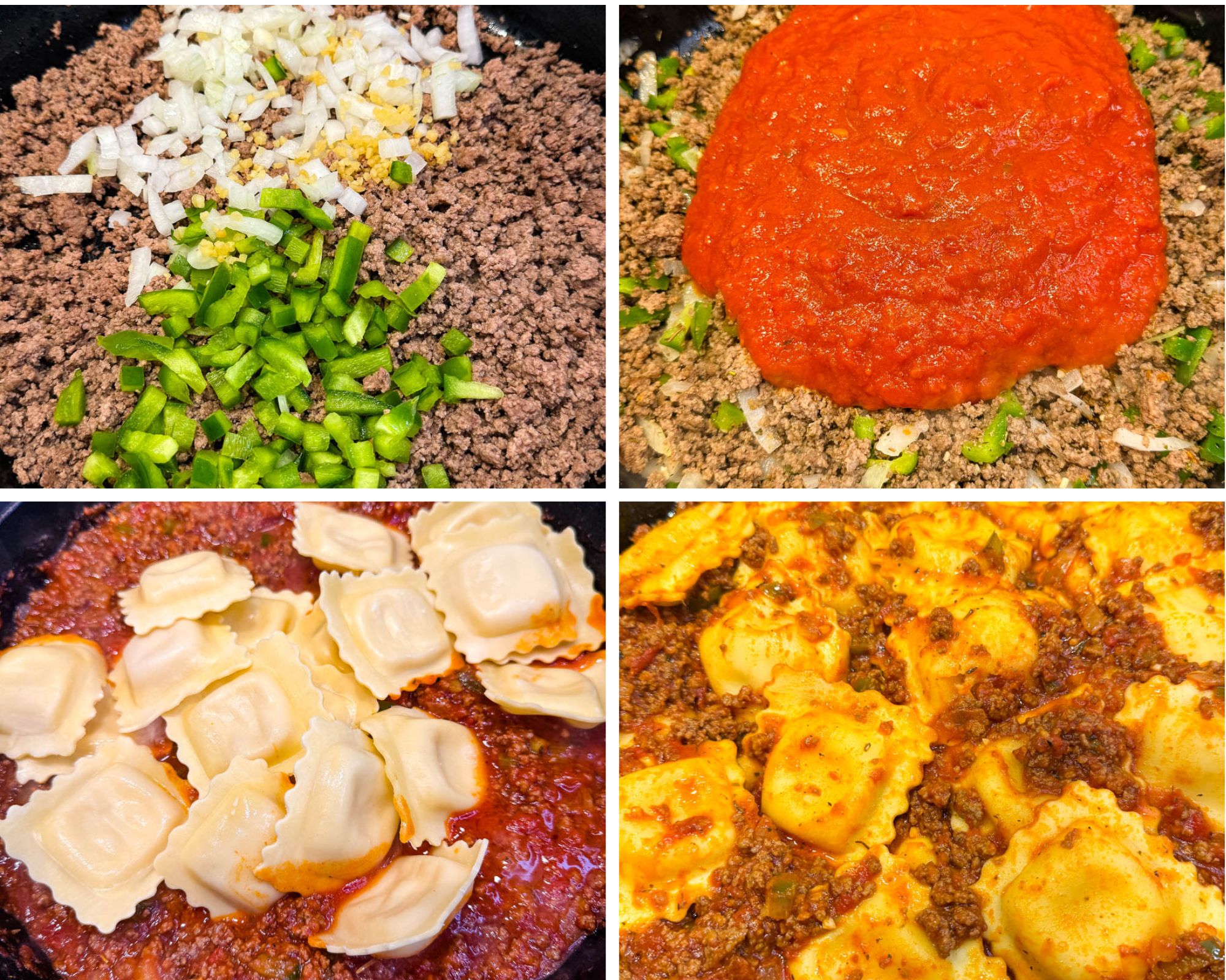 Cooking process collage for ravioli lasagna. Images show sautéed beef with onions and peppers, marinara sauce added to the skillet, ravioli mixed into the meat sauce, and the final cheesy beef and ravioli mixture in the pan.