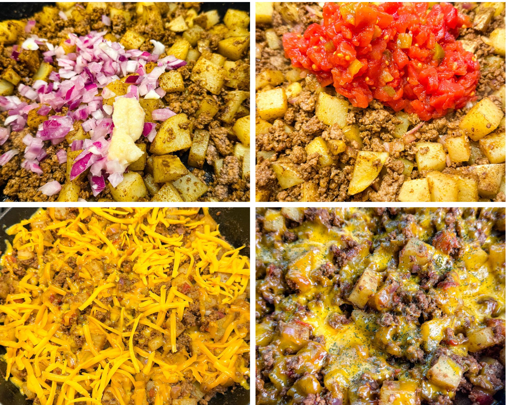 Step-by-step collage showing ground meat and potatoes being cooked with red onions, garlic, diced tomatoes, shredded cheese, and melted into a cheesy skillet mixture.