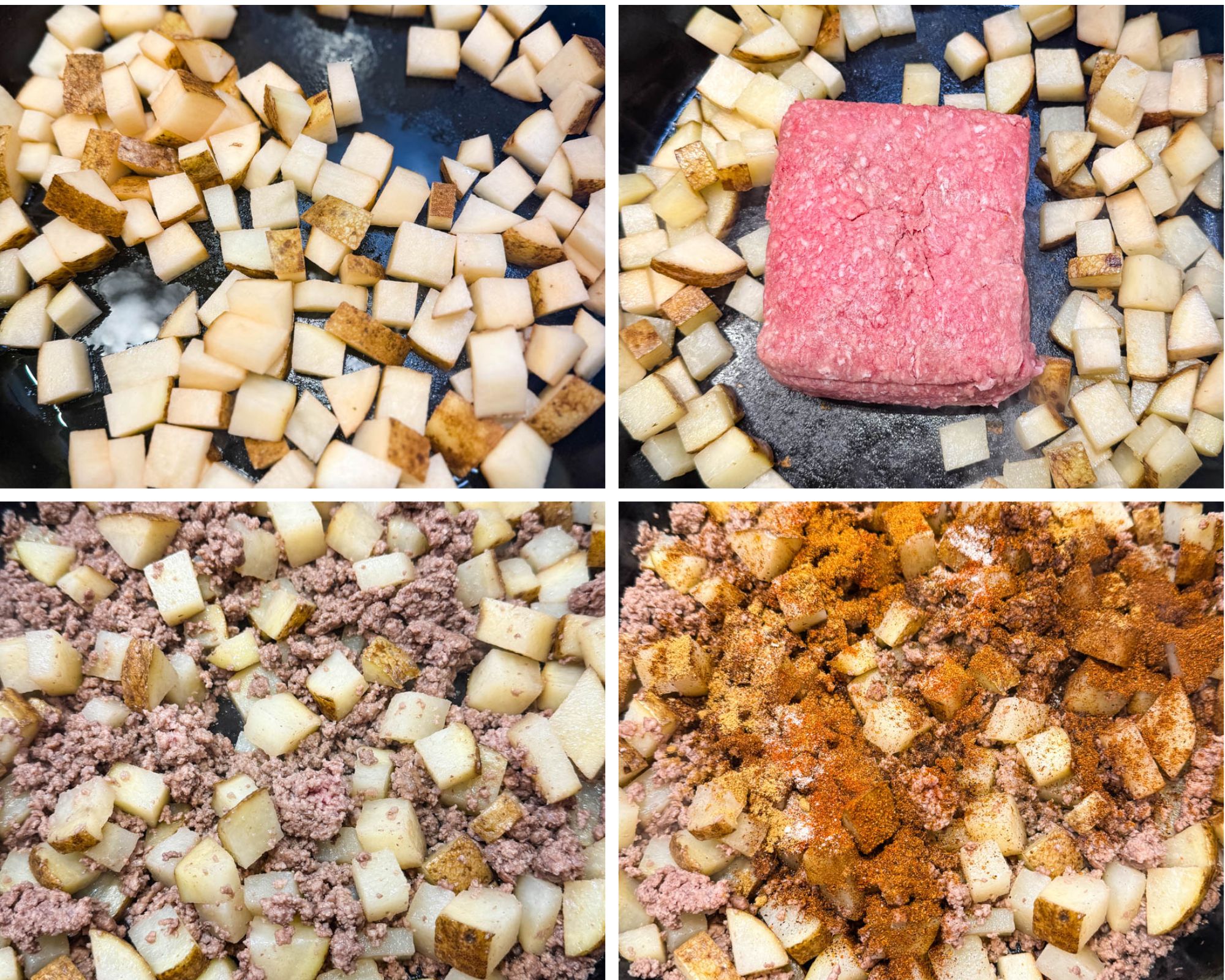 Collage of early cooking stages: potatoes sautéing in a skillet, ground beef added, partially cooked mixture, and seasoning being added over the meat and potatoes.