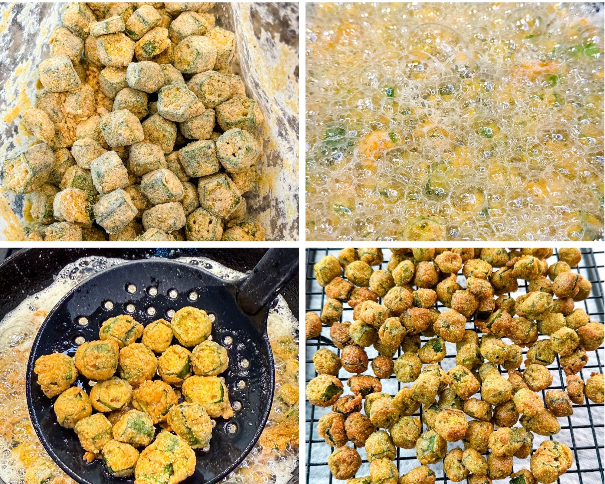 Collage showing the steps for making Southern fried okra—okra coated in cornmeal mixture, bubbling in hot oil, draining on a slotted spoon, and resting on a wire rack after frying.