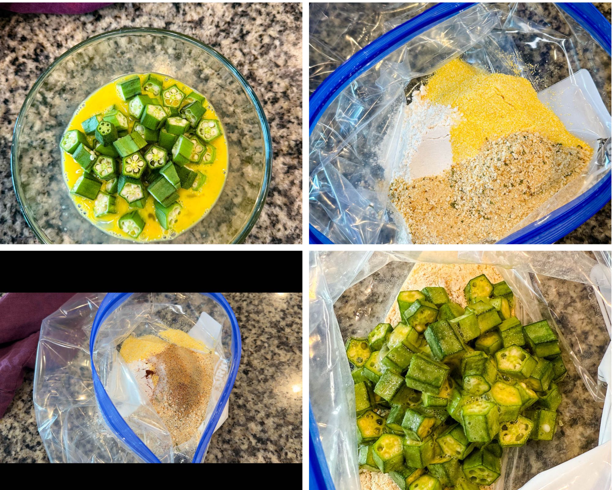 Collage of the breading process for Southern fried okra—okra in beaten egg, cornmeal breading mix in a bag, seasoning blend, and okra being added to the bag of coating.