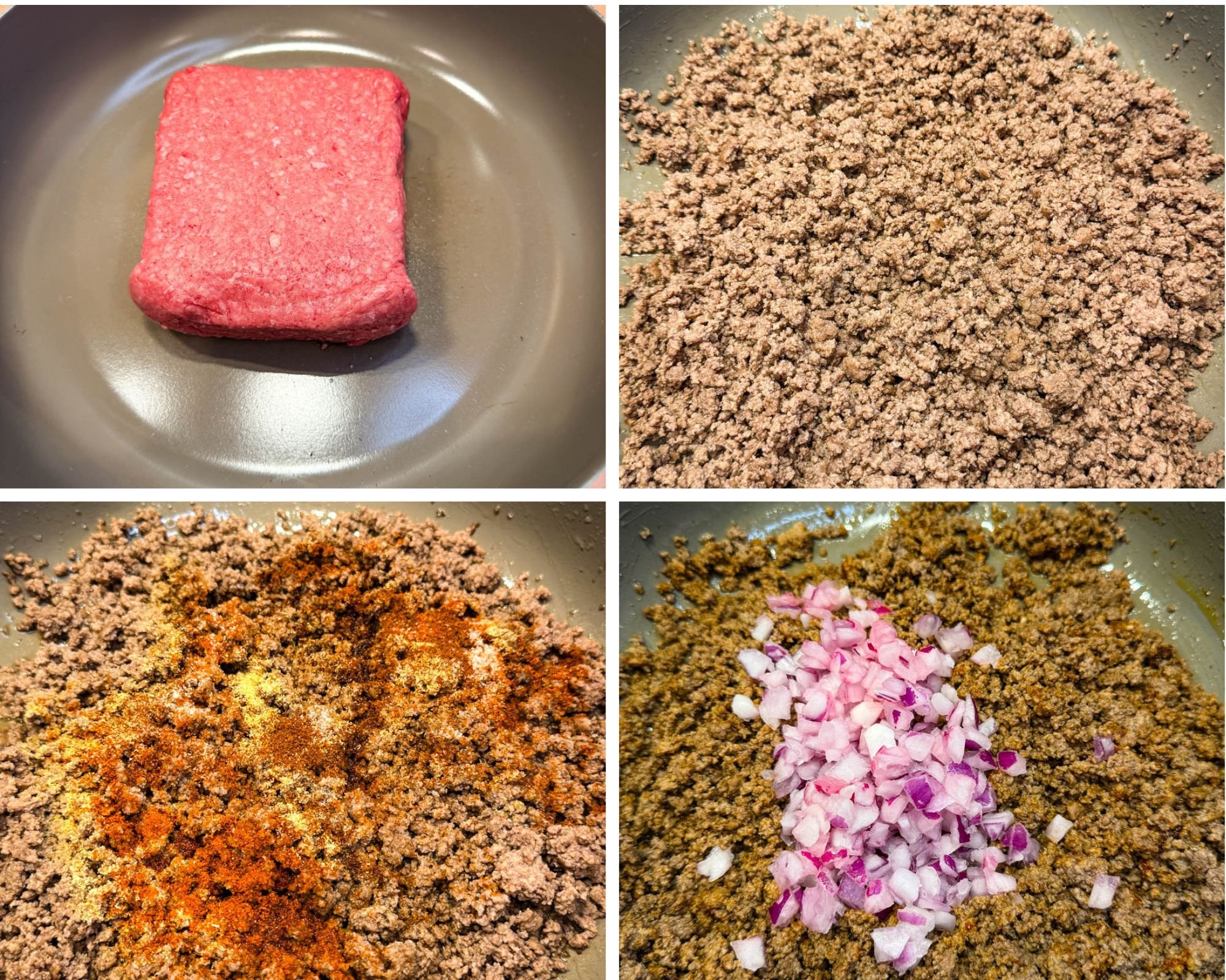 Step-by-step collage showing ground beef cooking in a skillet: starting with raw meat, then browned, seasoned with spices, and finally mixed with diced red onions.