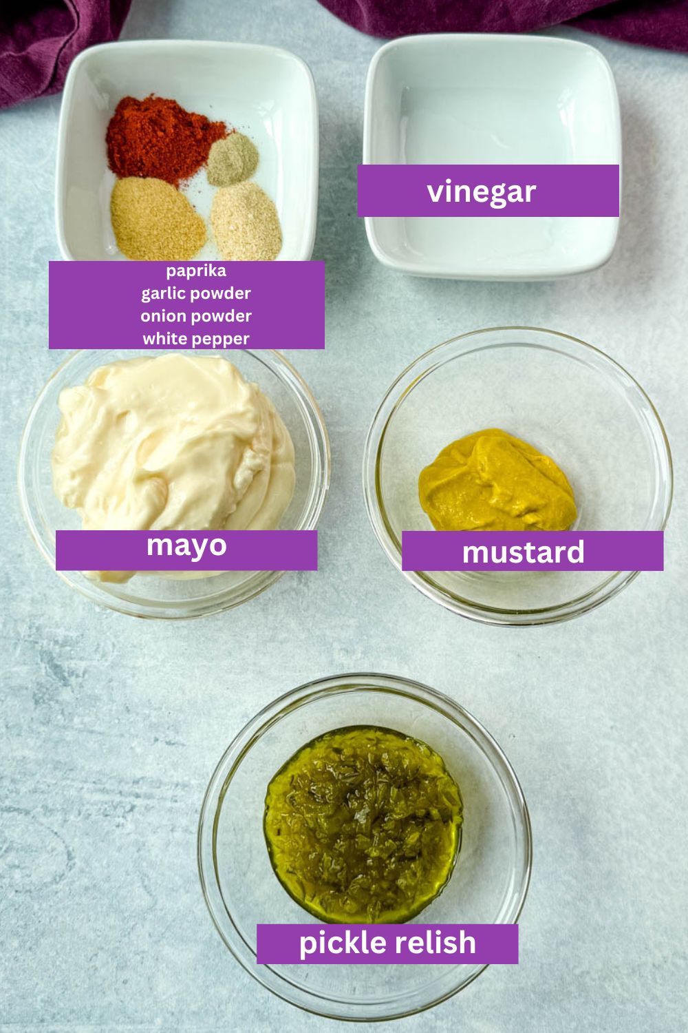 Labeled image showing ingredients for homemade Big Mac sauce, including mayo, mustard, sweet pickle relish, vinegar, and a dish of spices labeled paprika, garlic powder, onion powder, and white pepper.