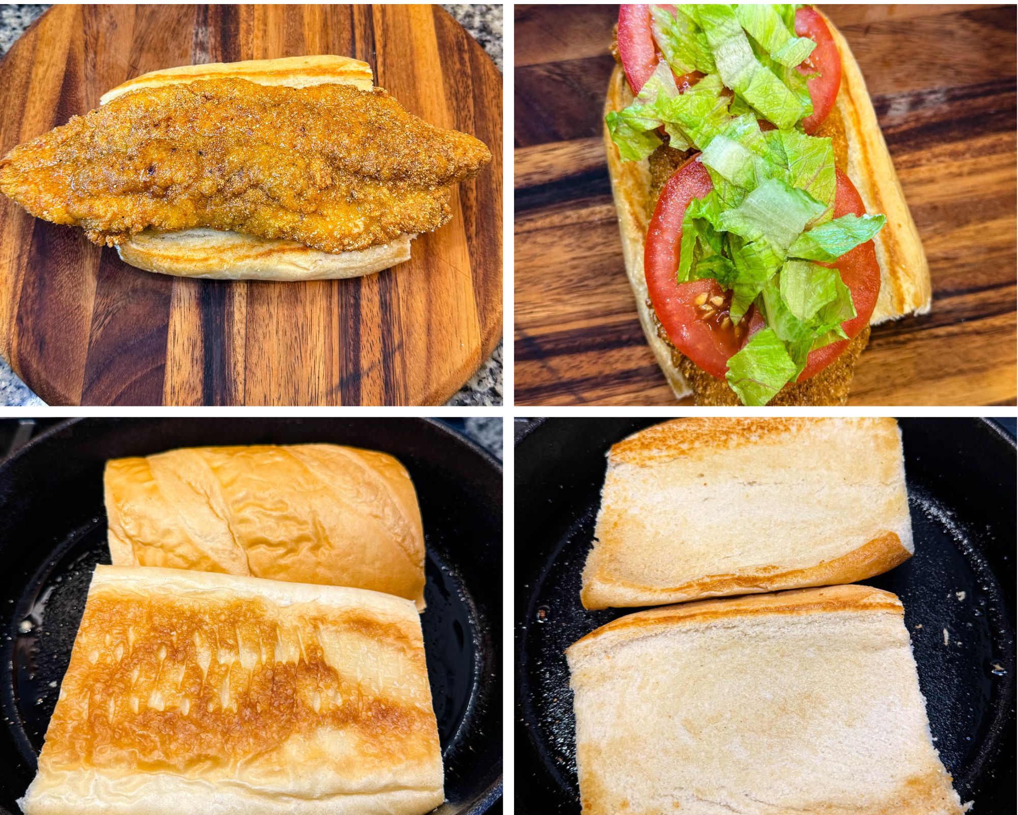 4 photo collage A single crispy catfish fillet on a toasted hoagie roll on a wooden cutting board. The sandwich topped with fresh sliced tomatoes and shredded lettuce. Two hoagie rolls being toasted cut side down in a black cast iron skillet. The other side of the rolls toasting to golden brown perfection in the skillet.