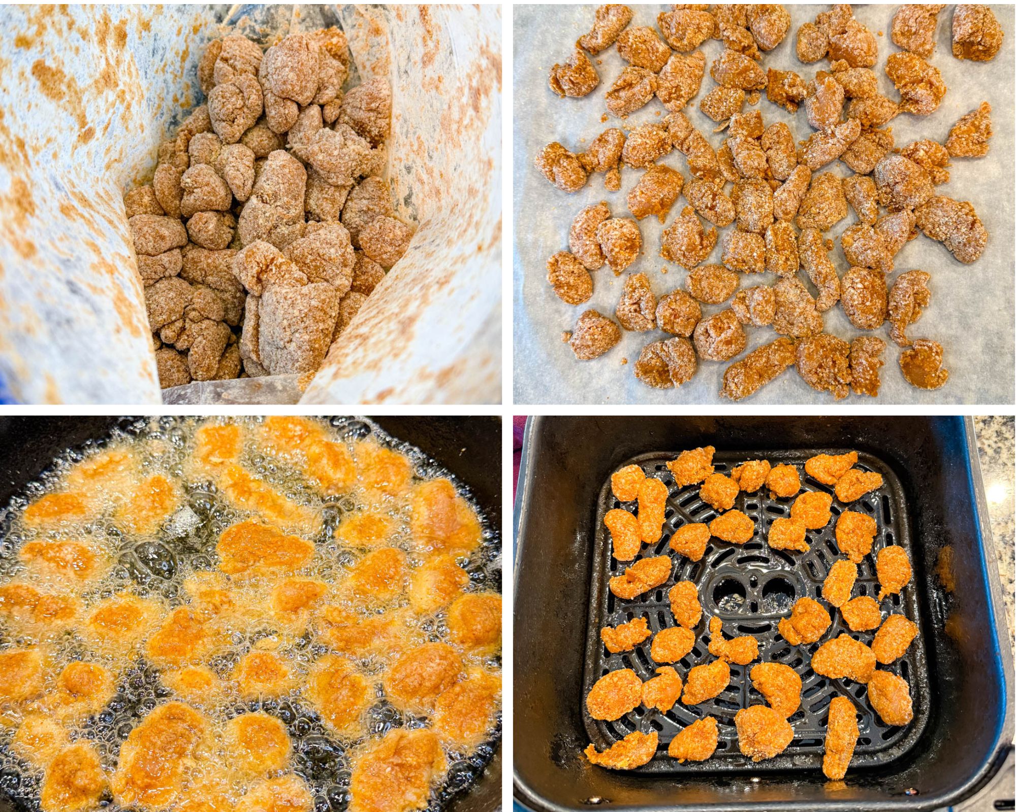 Four images showing the process of preparing crispy chicken: chicken pieces in a seasoned breading bag, breaded chicken on a tray ready to cook, chicken frying in oil, and breaded chicken cooking in an air fryer basket.