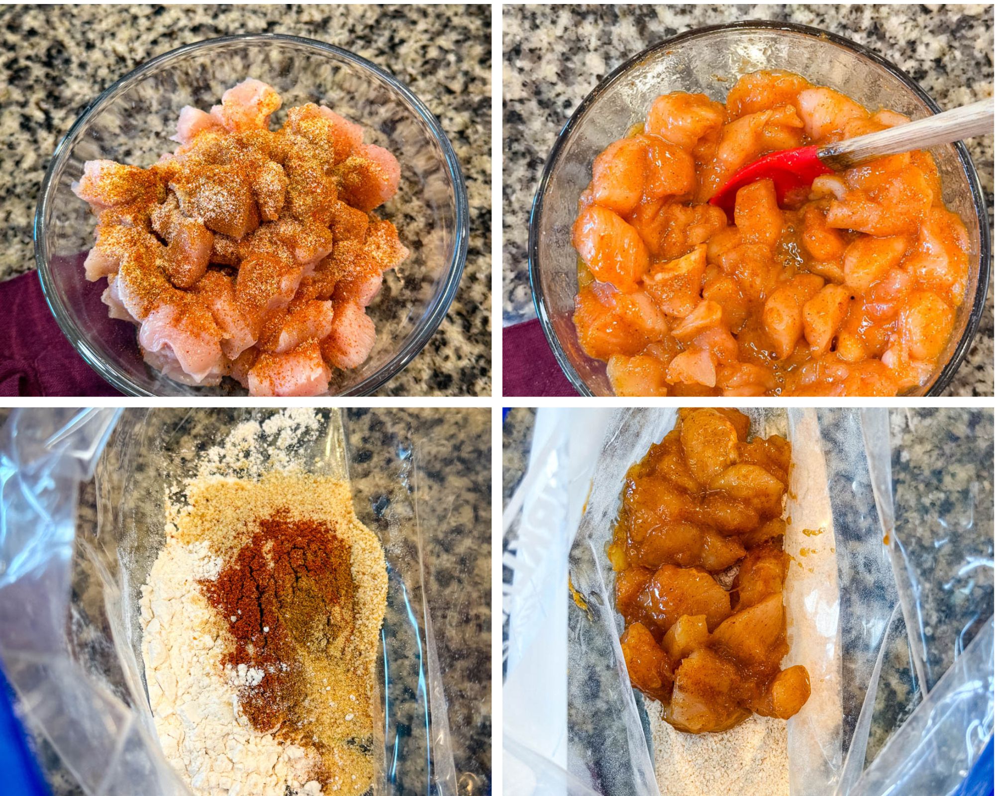 Four images showing the steps for seasoning and breading chicken: raw chicken chunks with seasoning in a glass bowl, seasoned chicken mixed with marinade, dry breading ingredients in a bag, and the marinated chicken added to the bag of breading.